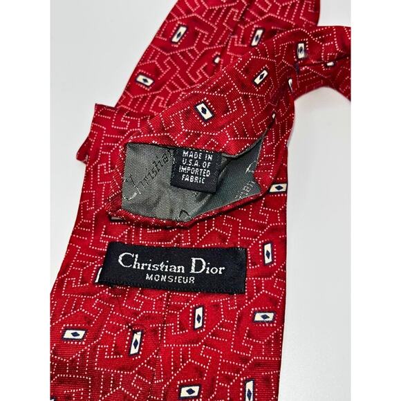 Christian Dior Monsieur Geometric Red Silk Tie Made in USA Fabric VTG - Picture 10 of 10